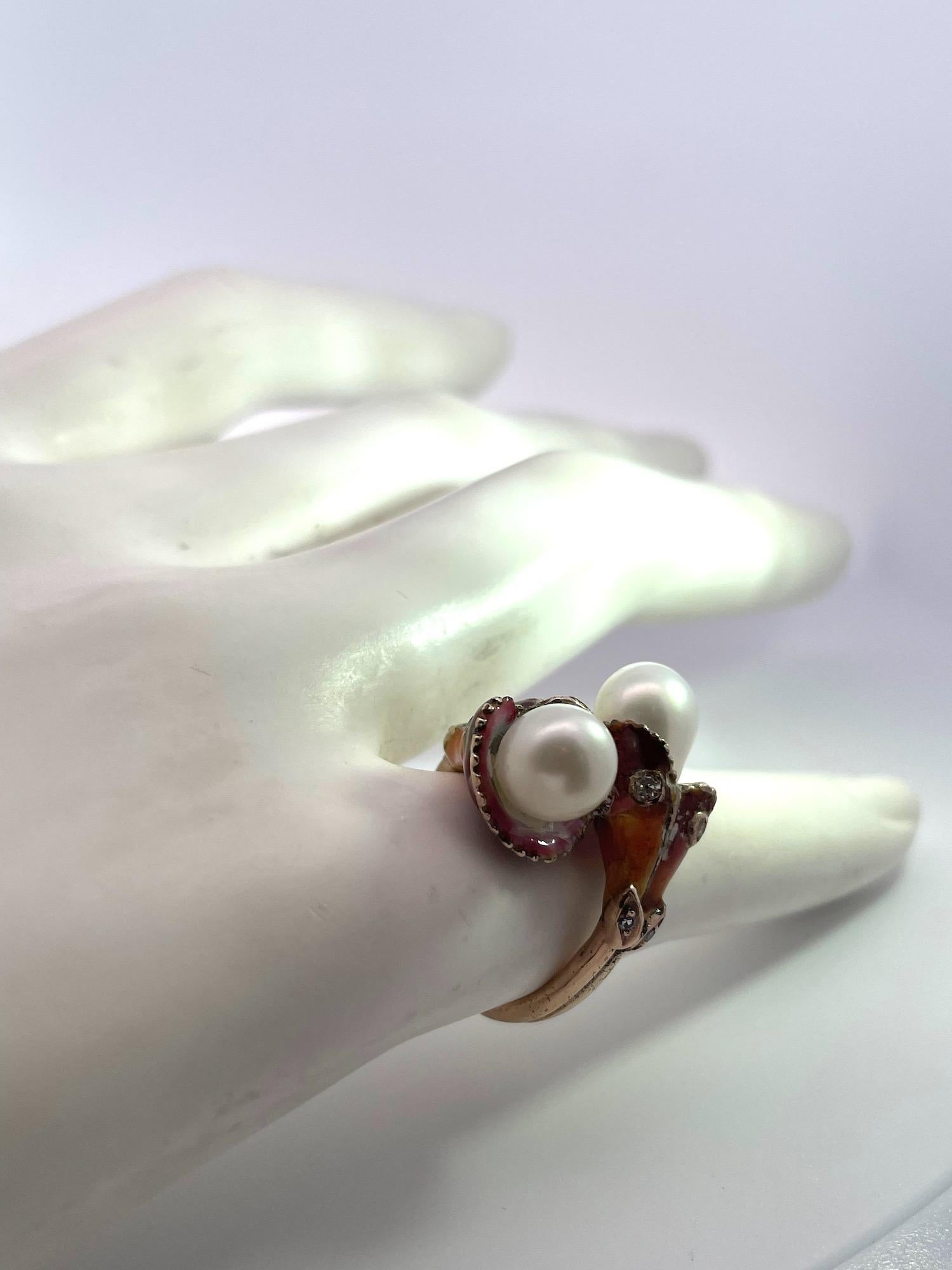 Bague Art nouveau avec double perle, diamant et émail en vente 6
