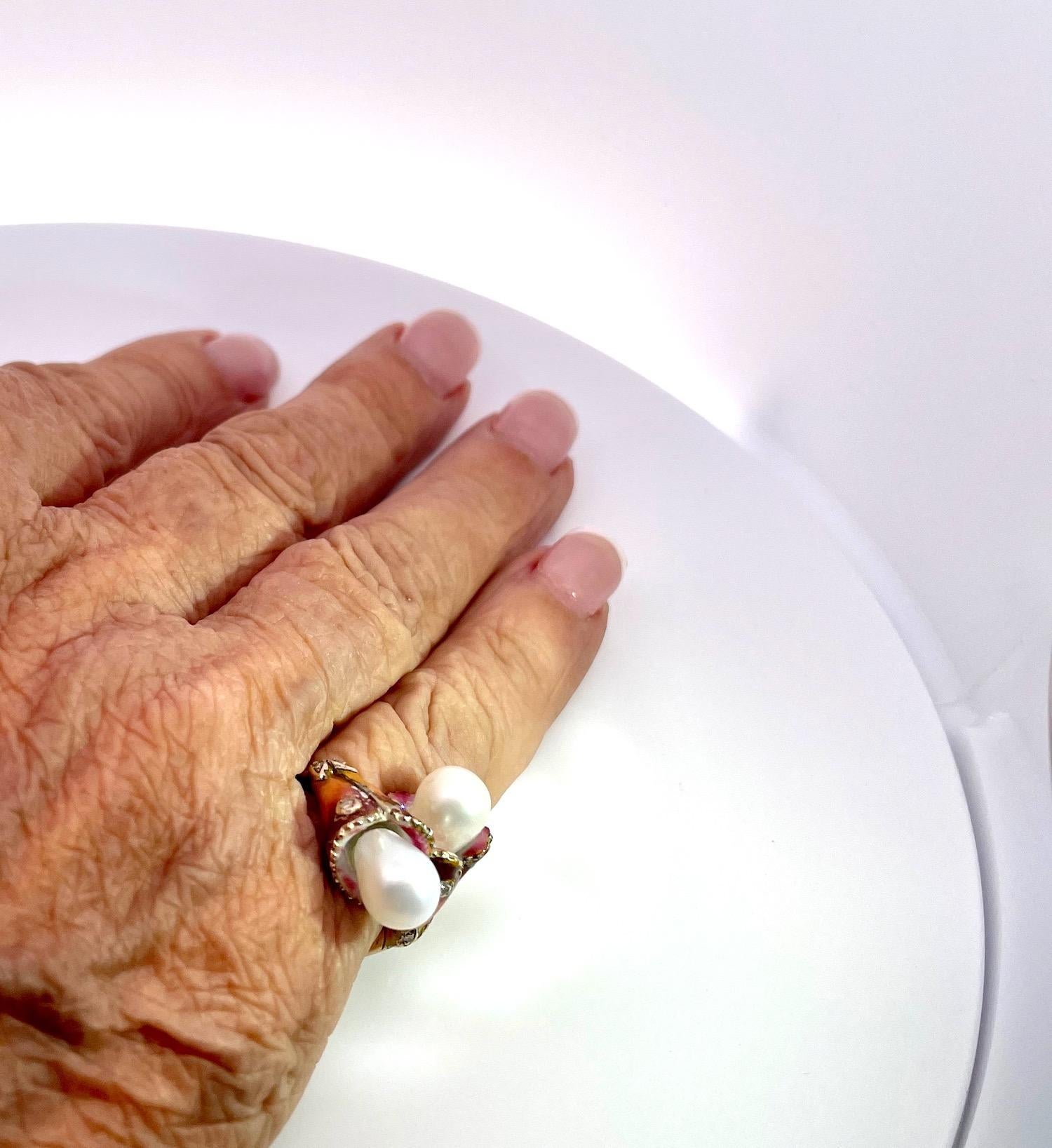 Bague Art nouveau avec double perle, diamant et émail en vente 7