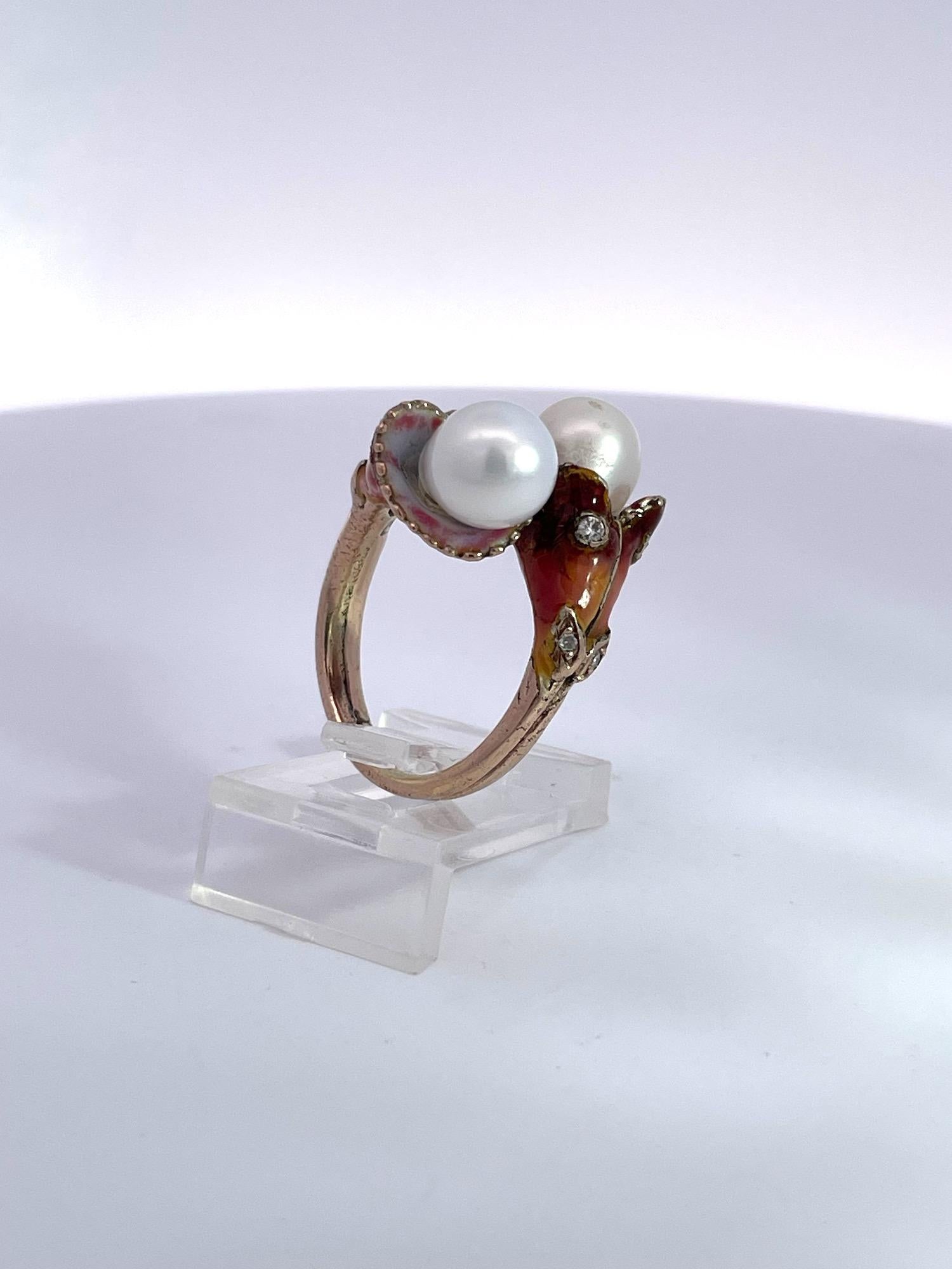 Bague Art nouveau avec double perle, diamant et émail Bon état - En vente à North Hollywood, CA