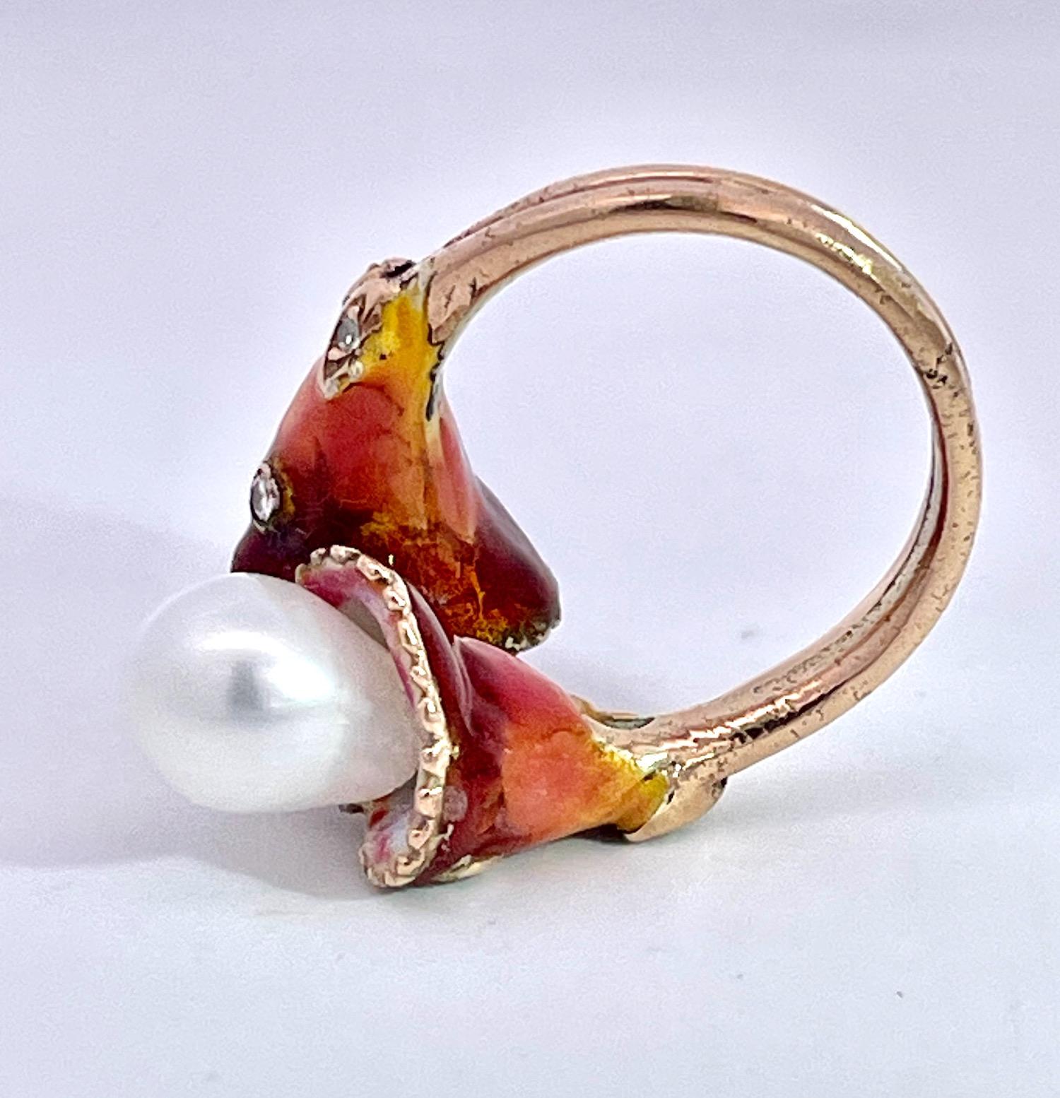 Bague Art nouveau avec double perle, diamant et émail en vente 1