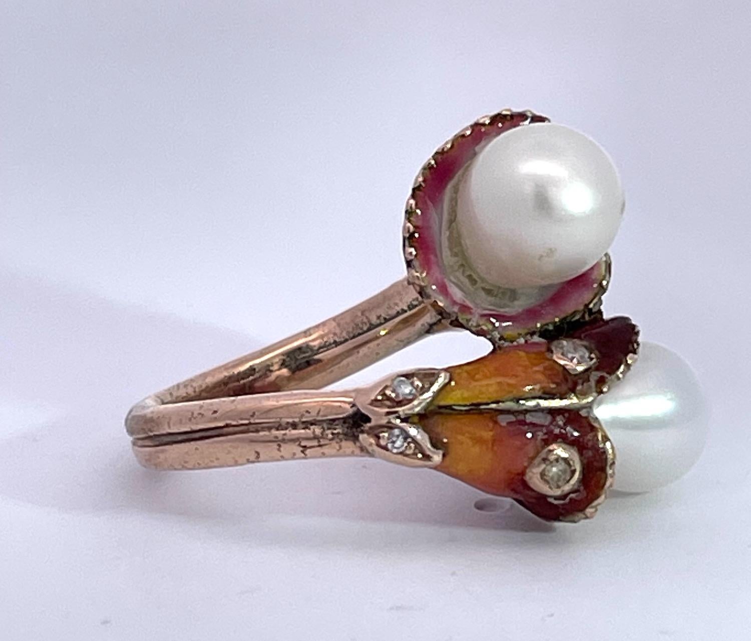 Bague Art nouveau avec double perle, diamant et émail en vente 2