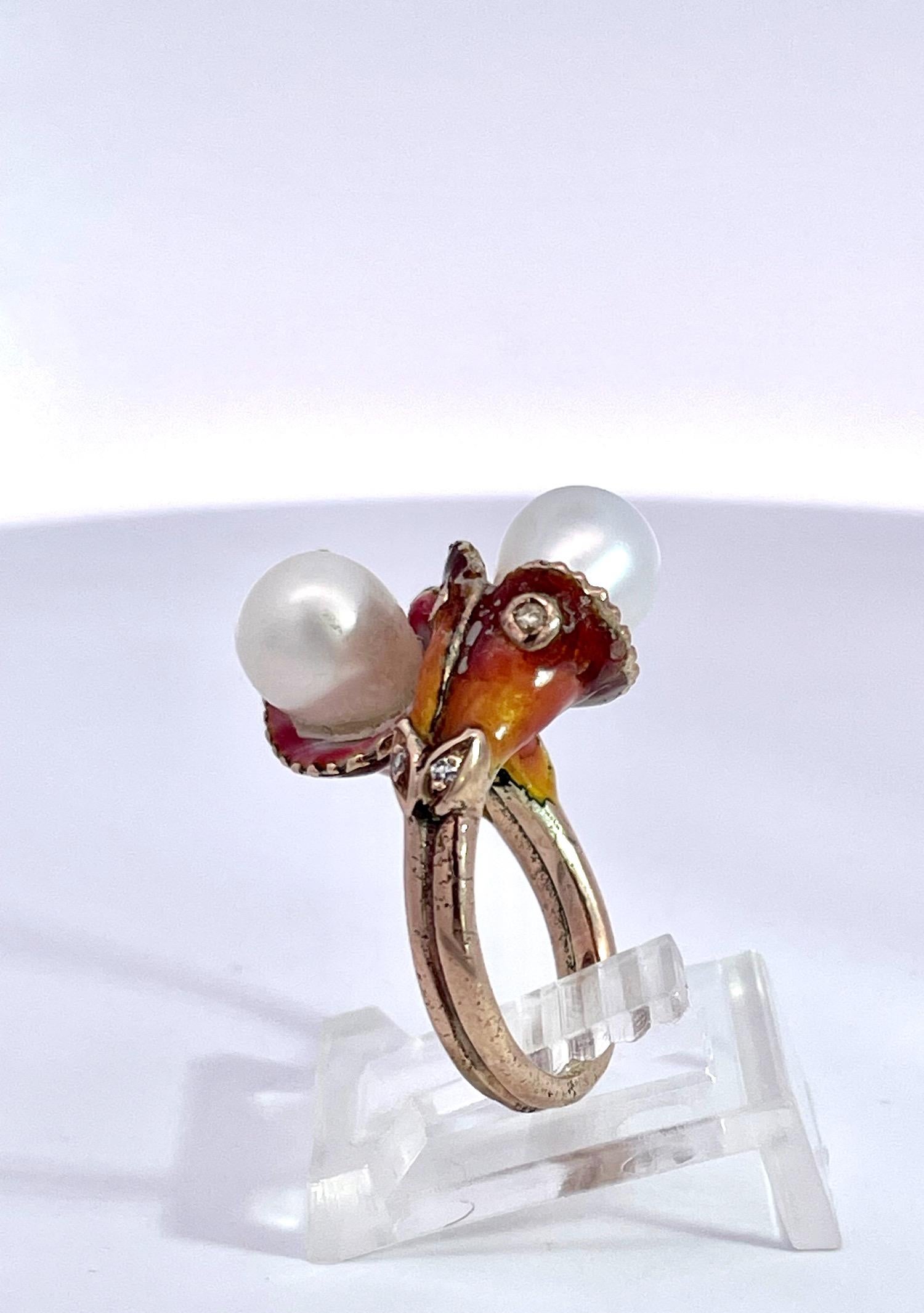 Bague Art nouveau avec double perle, diamant et émail en vente 3