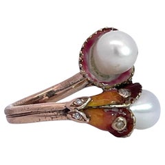 Art Nouveau Double Pearl Diamond and Enamel ring