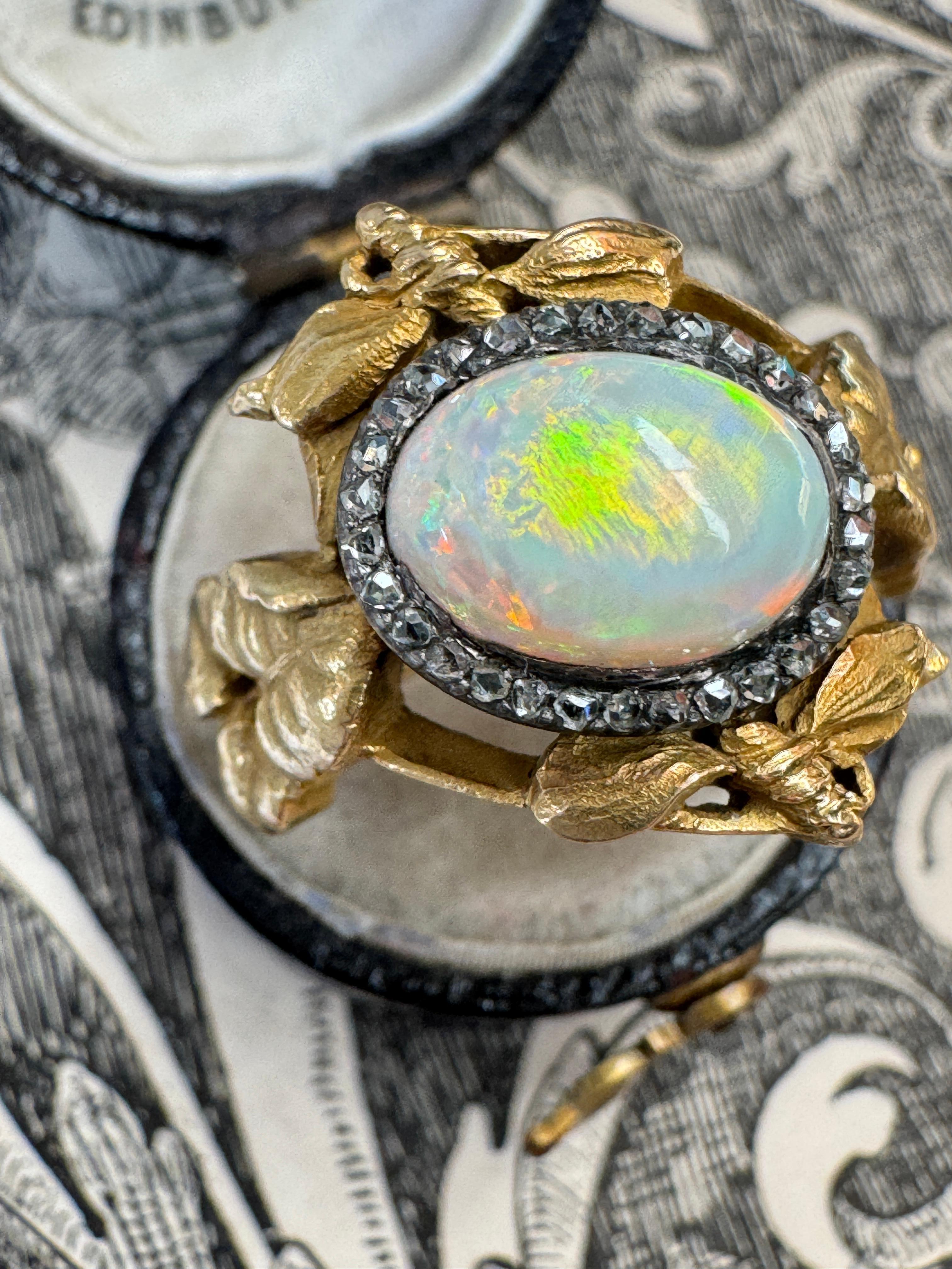 Art Nouveau Dragonfly and Ivy Opal and Rose Cut Diamond Ring In Good Condition For Sale In Hummelstown, PA