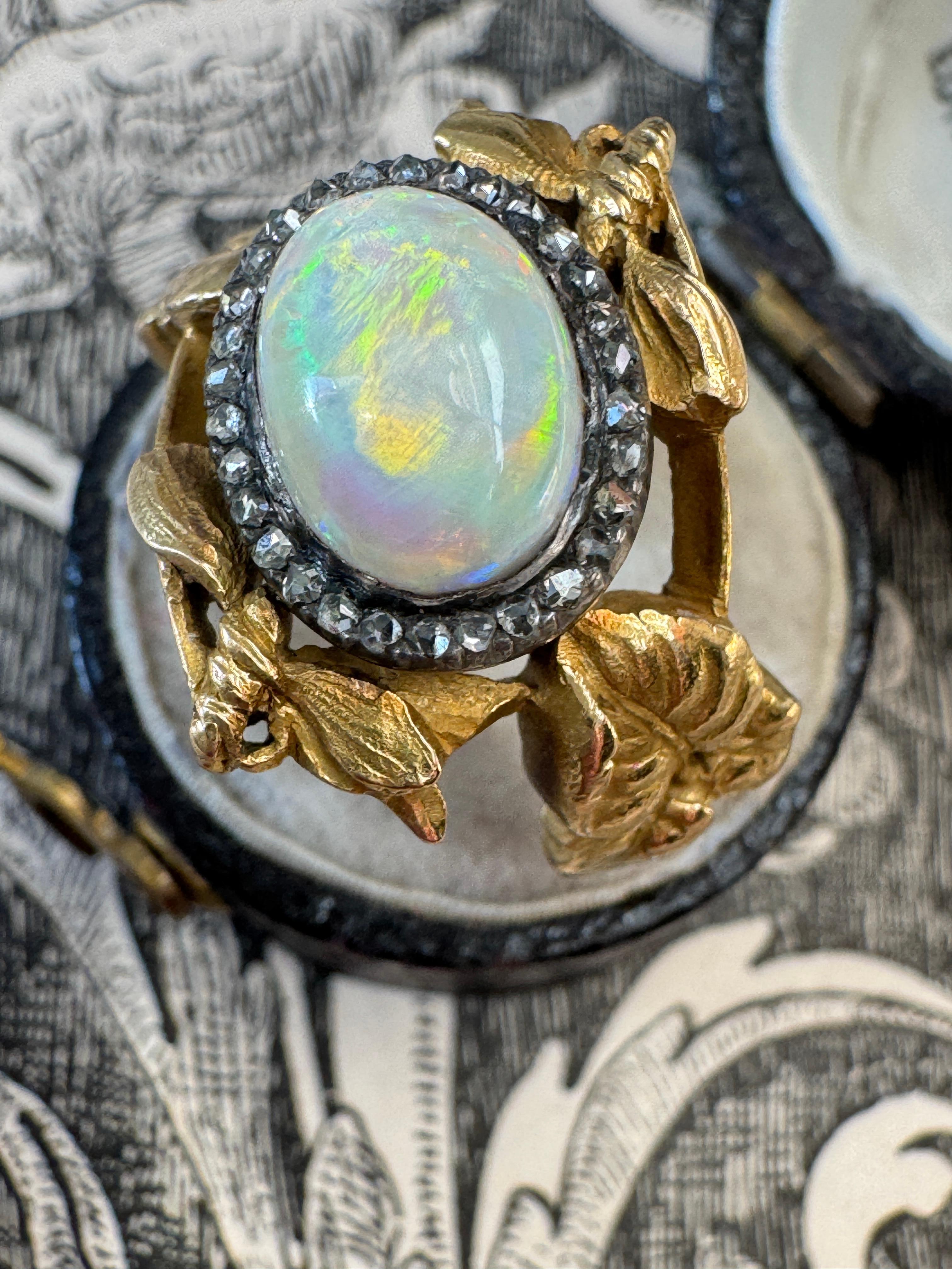 Women's or Men's Art Nouveau Dragonfly and Ivy Opal and Rose Cut Diamond Ring For Sale