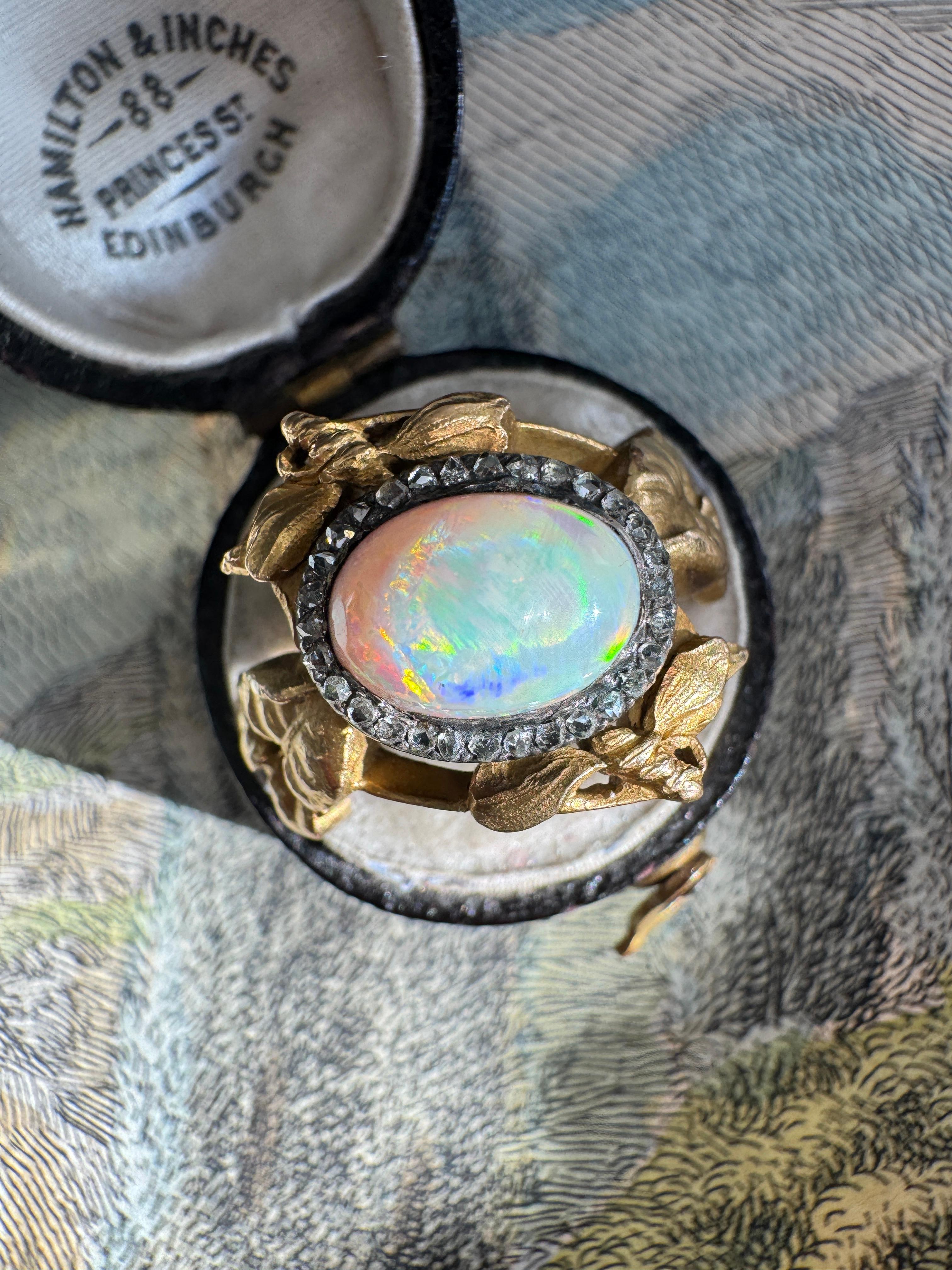 Art Nouveau Dragonfly and Ivy Opal and Rose Cut Diamond Ring For Sale 2