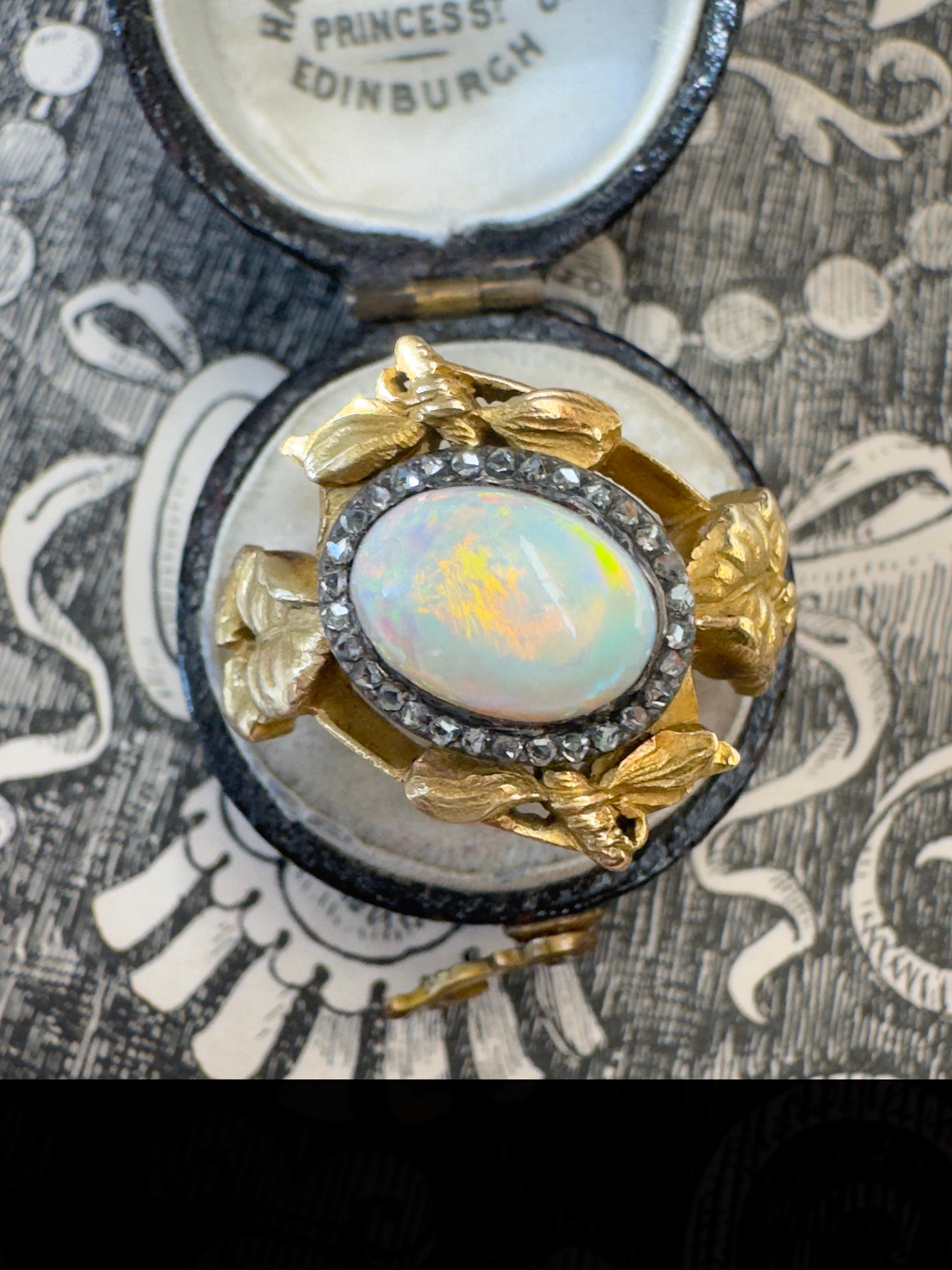 Art Nouveau Dragonfly and Ivy Opal and Rose Cut Diamond Ring For Sale 3