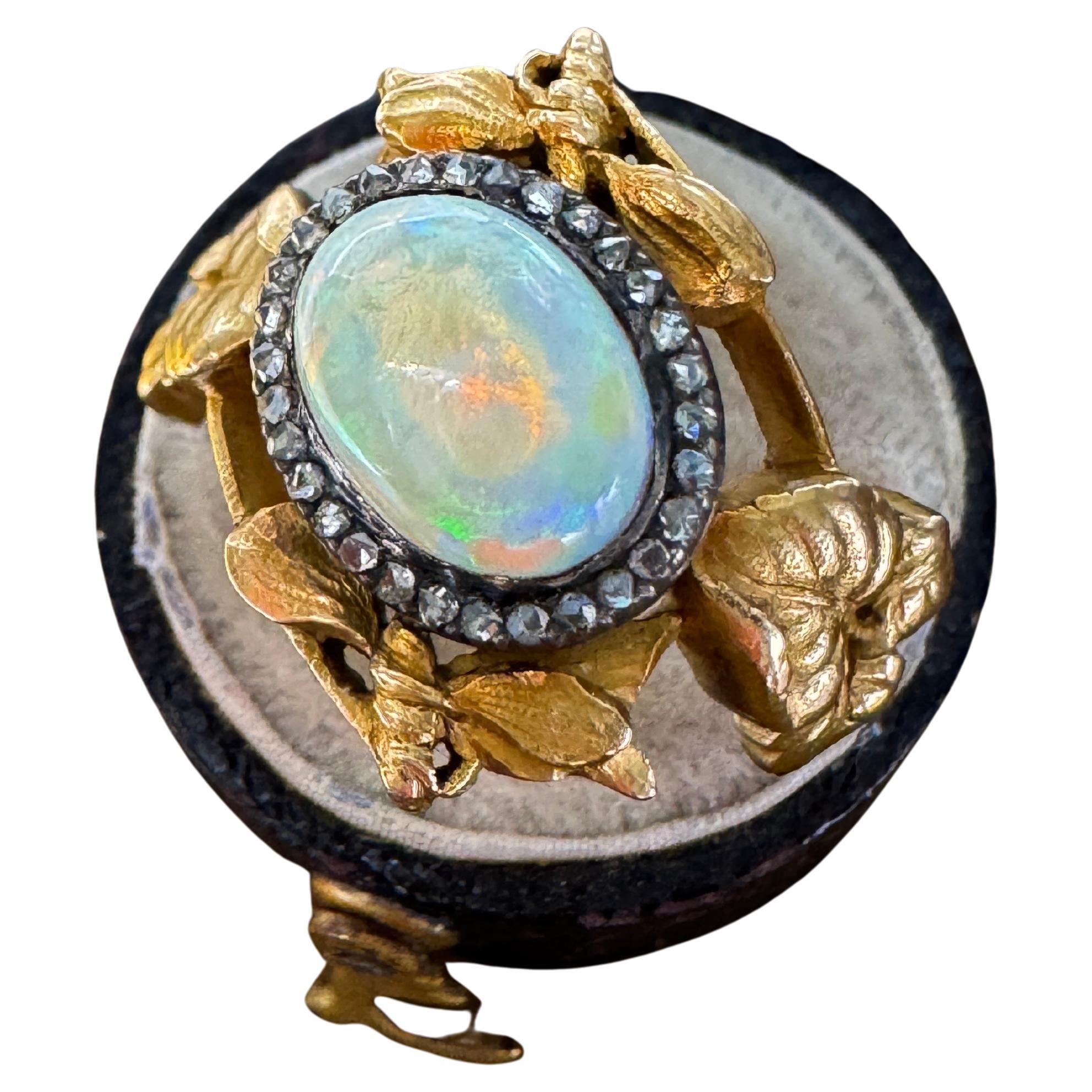 Art Nouveau Dragonfly and Ivy Opal and Rose Cut Diamond Ring