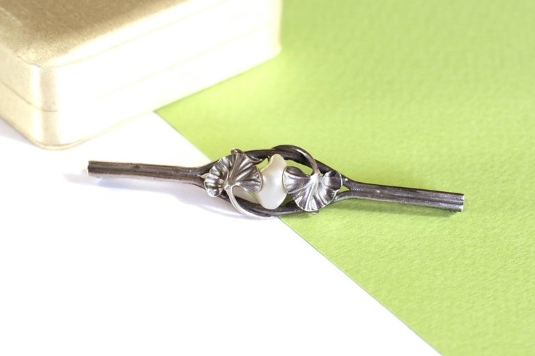 Broche Ancienne Signée Dumont - Perle Baroque Et Feuille De Ginkgo, Argent Massif, Style Art Nouveau/Jugendstil