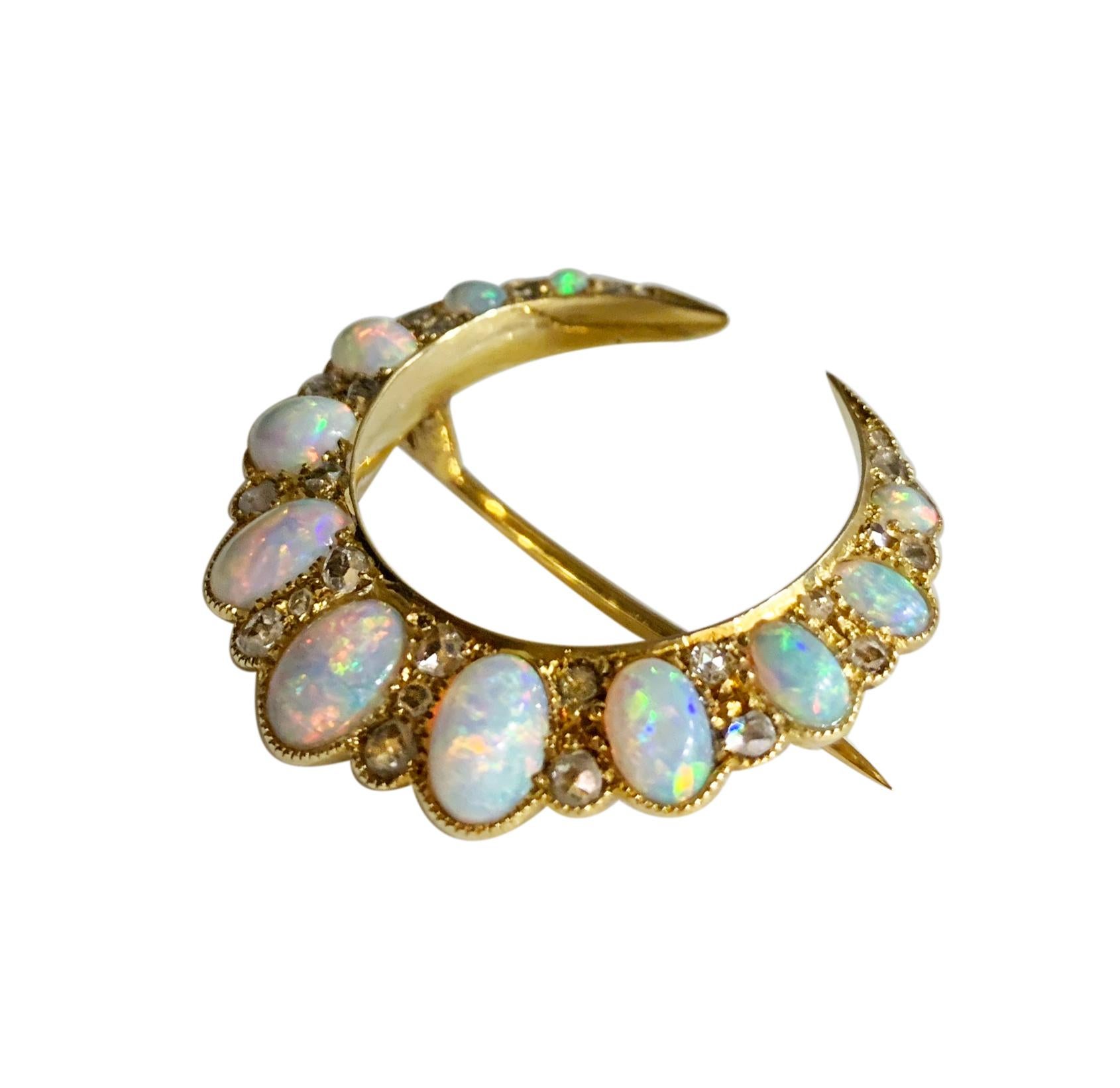 Rose Cut Art Nouveau Early 20th Century 15 Carat Opal Diamond Crescent Brooch