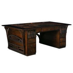 Art Nouveau Ebonized Oak Worn Leather Pedestal Desk