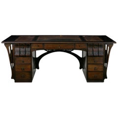 Art Nouveau Ebonized Oak Worn Leather Pedestal Desk