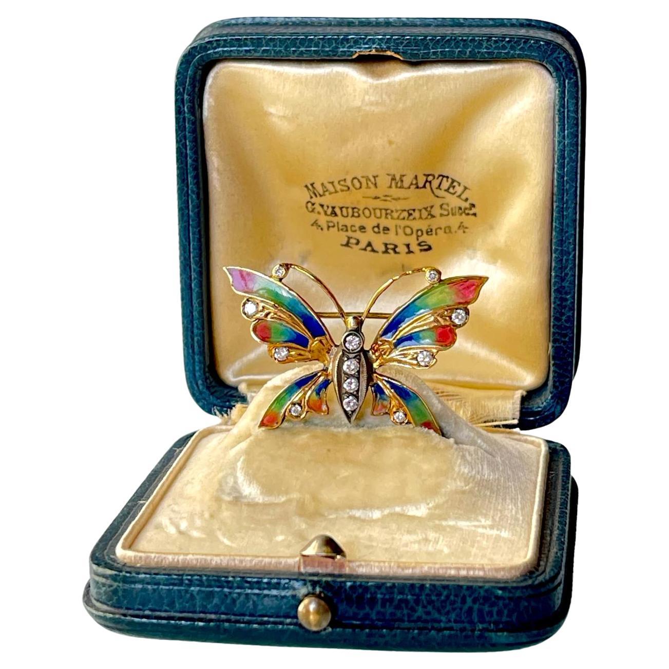Art Nouveau Edwardian 18K gold diamond plique a jour enamel butterfly brooch For Sale