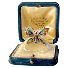 Art Nouveau Edwardian 18K gold diamond plique a jour enamel butterfly brooch