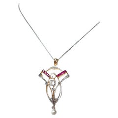 Art Nouveau Edwardian 18K Gold Diamond Ruby Natural Pearl Necklace Pendant