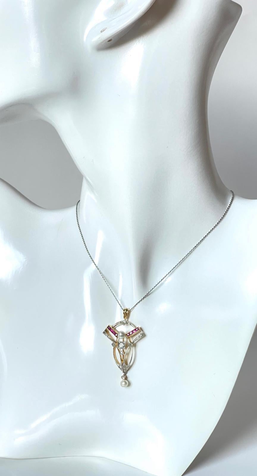 Art Nouveau Edwardian 18K Gold Diamond Ruby Natural Pearl Necklace Pendant For Sale 1