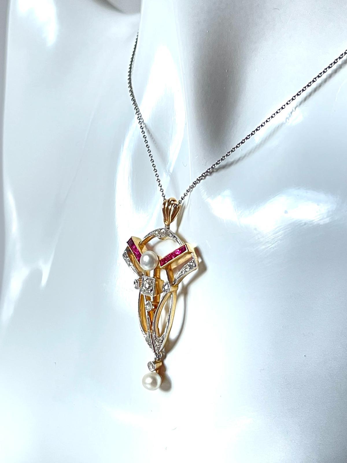 Art Nouveau Edwardian 18K Gold Diamond Ruby Natural Pearl Necklace Pendant For Sale 2