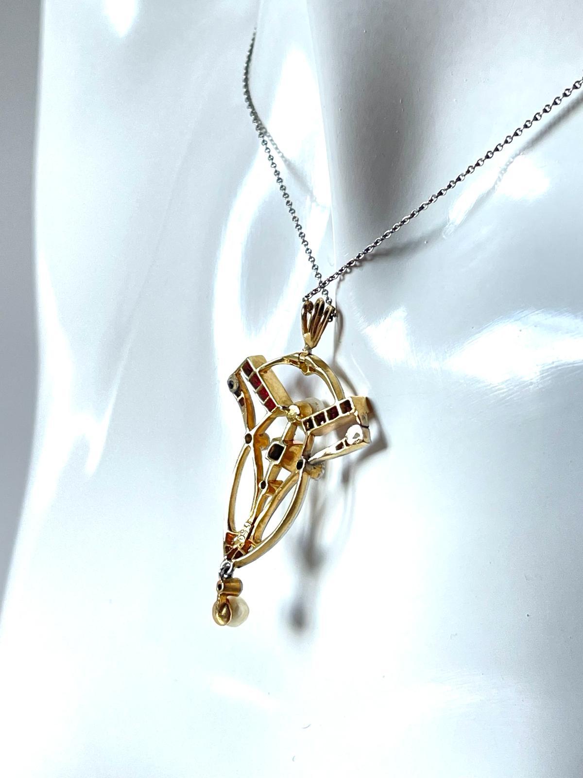 Art Nouveau Edwardian 18K Gold Diamond Ruby Natural Pearl Necklace Pendant For Sale 3