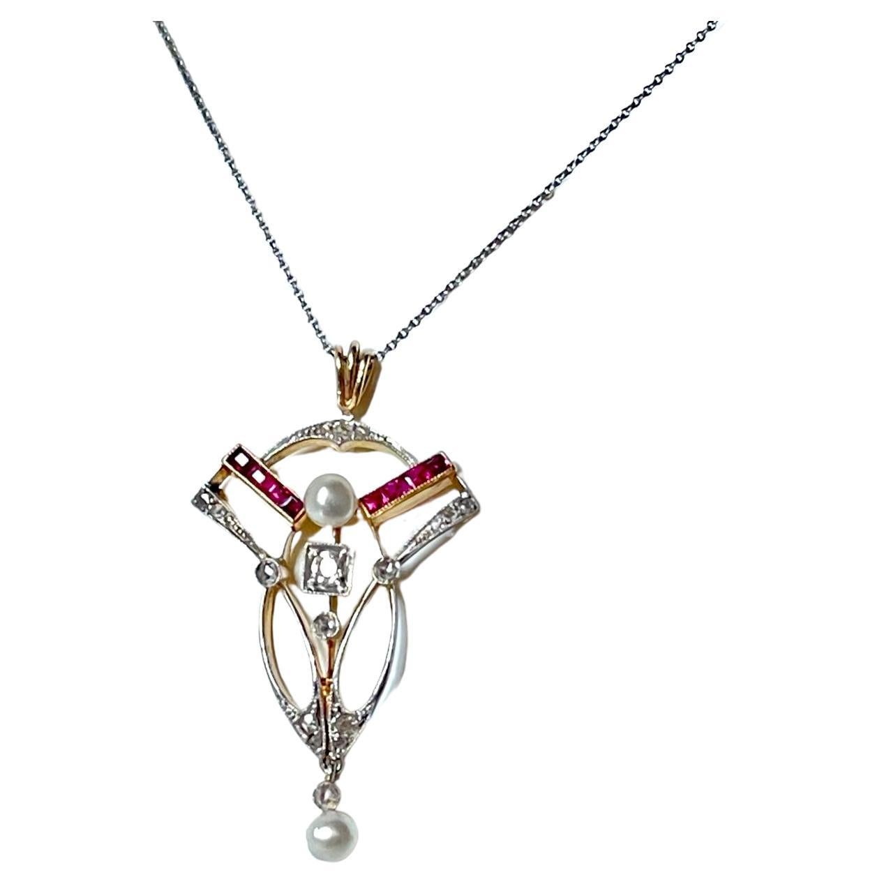 Art Nouveau Edwardian 18K Gold Diamond Ruby Natural Pearl Necklace Pendant For Sale