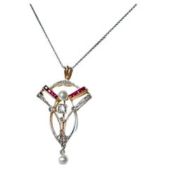 Jugendstil Edwardianische Halskette mit Anhänger, 18 Karat Gold Diamant Rubin Naturperle