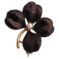 Art Nouveau Edwardian 1905 Black Flower Enameled Pendant Brooch 10Kt Gold Pearl