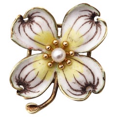 Antique ART NOUVEAU Edwardian 1905 Enamel Flower Pendant Brooch 14Kt Yellow Gold & Pearl