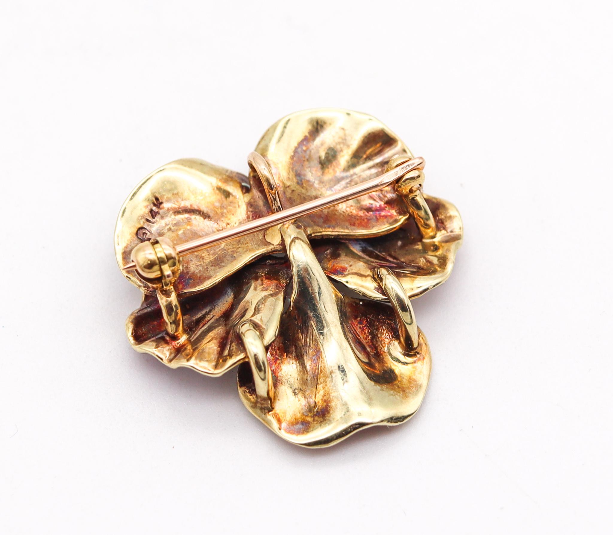 Women's Art Nouveau Edwardian 1905 Pansy Flower Enameled Pendant Brooch 14Kt Gold Pearl