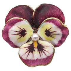 Antique Art Nouveau Edwardian 1905 Pansy Flower Enameled Pendant Brooch 14Kt Gold Pearl