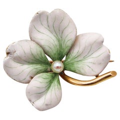 Art Nouveau Edwardian 1905 White Flower Enameled Pendant Brooch 14Kt Gold Pearl