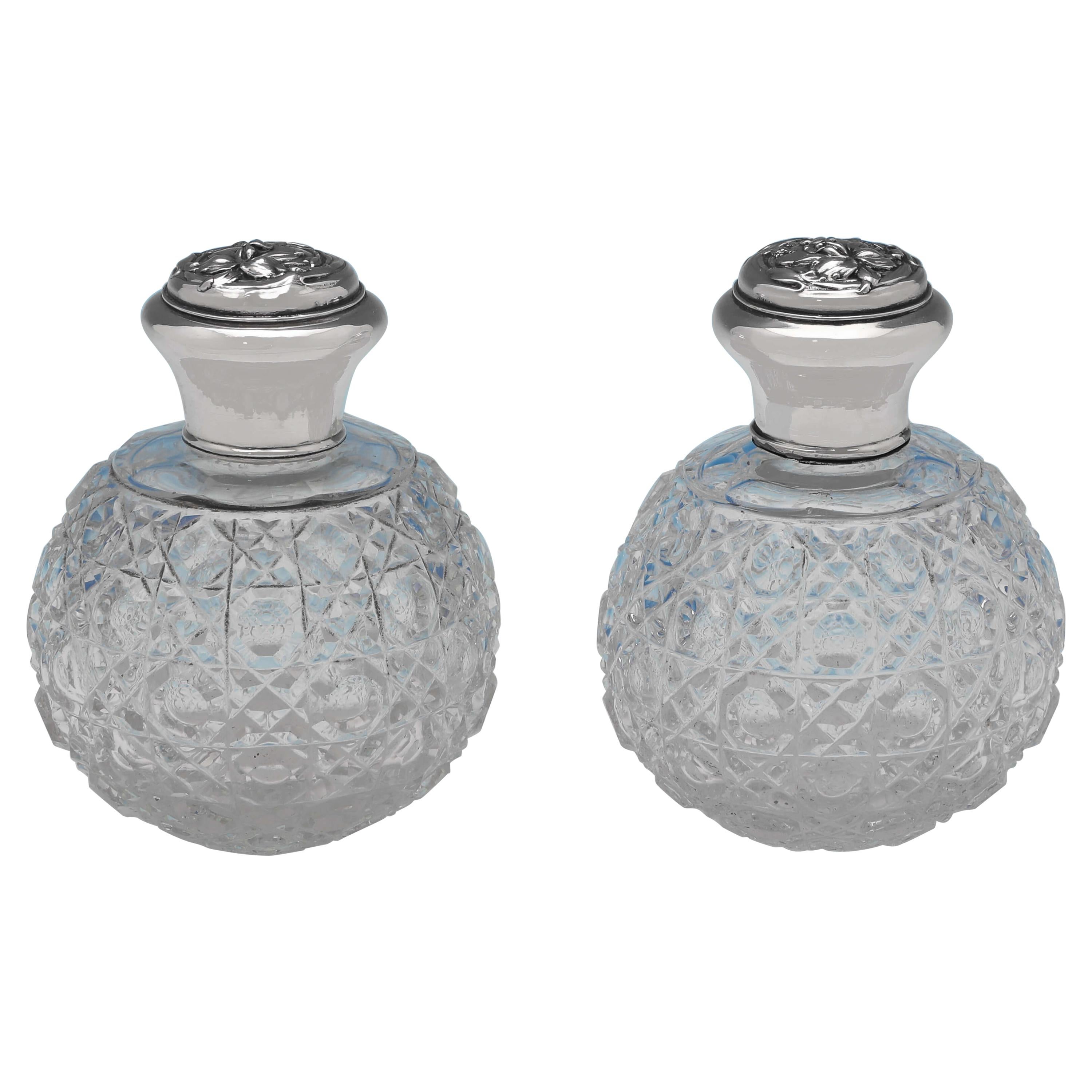 Art Nouveau Edwardian Antique Pair of Sterling Silver Scent Bottles, 1908