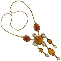 Art Nouveau Egyptian Revival Amber and Carved Opal Scarab Necklace