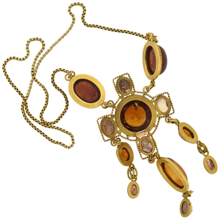 Art Nouveau Egyptian Revival Amber and Carved Opal Scarab Necklace For