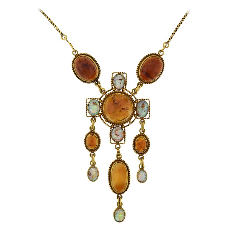 Art Nouveau Egyptian Revival Amber and Carved Opal Scarab Necklace For ...