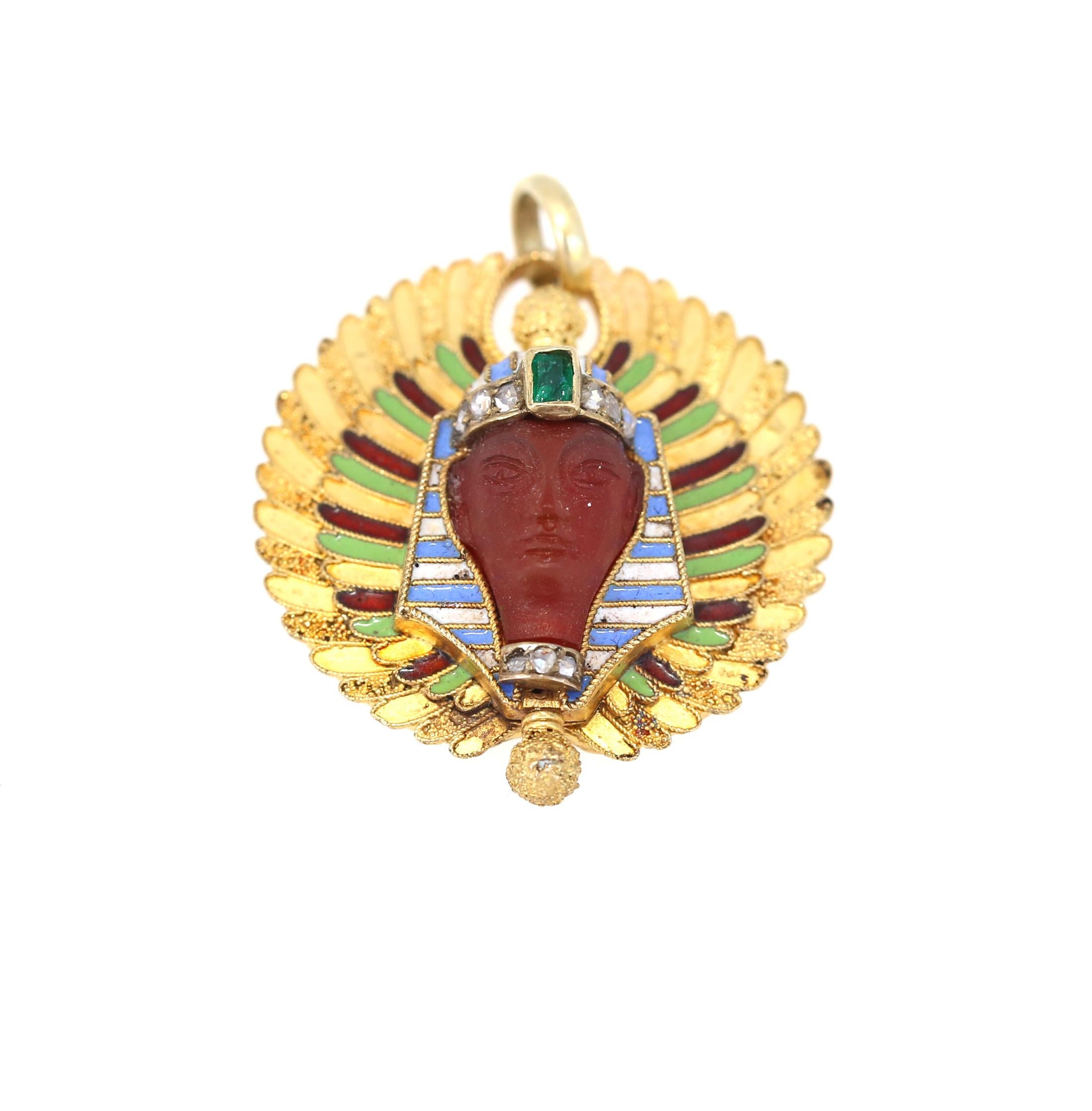 Baguette Cut Art Deco Egyptian Revival Cornelian Emerald Gold Pendant