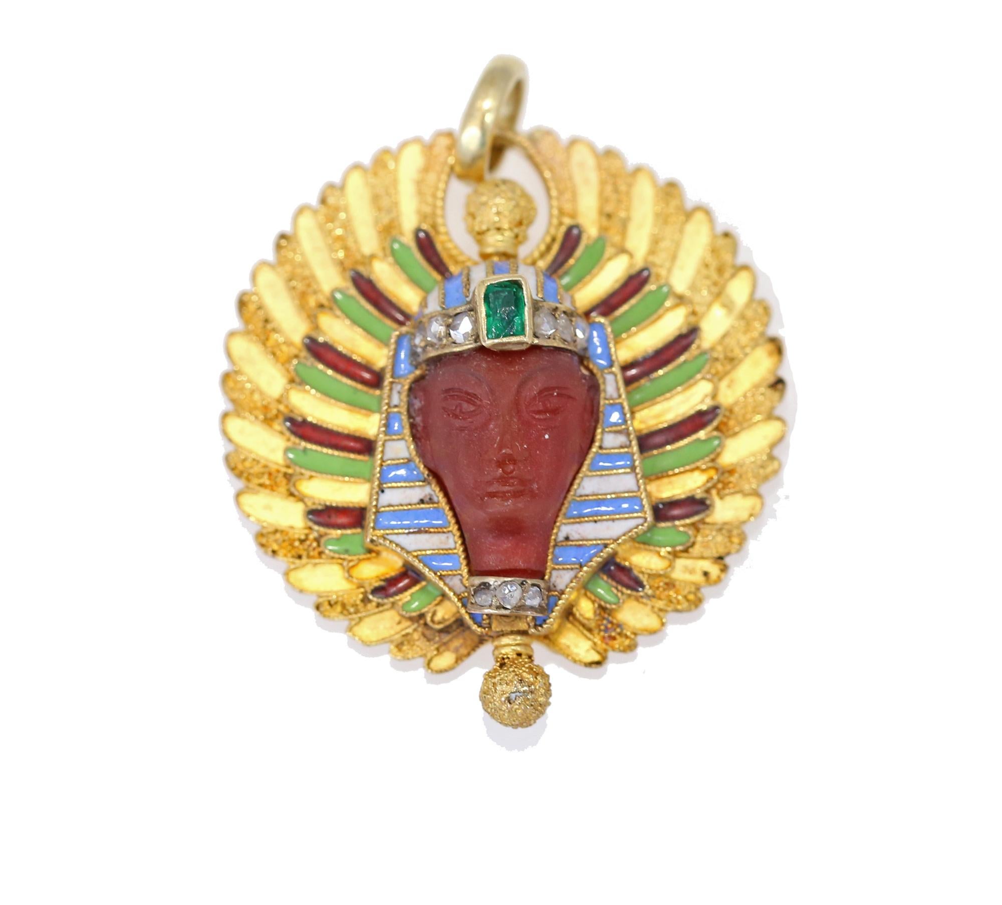 Women's Art Deco Egyptian Revival Cornelian Emerald Gold Pendant