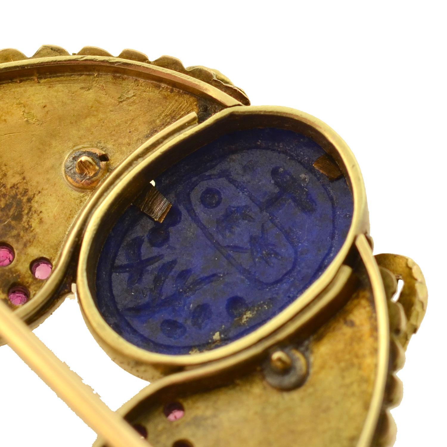 Art Nouveau Egyptian Revival Diamond, Ruby, Carved Lapis Scarab, Enameled Pin In Excellent Condition In Narberth, PA