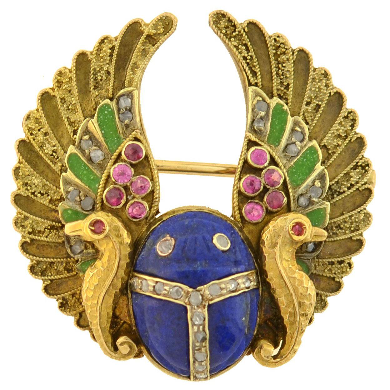 Art Nouveau Egyptian Revival Diamond, Ruby, Carved Lapis Scarab, Enameled Pin