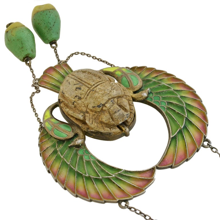 Art Nouveau Egyptian Revival Plique-à-jour Scarab Necklace at 1stDibs