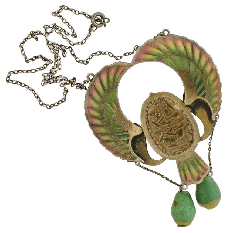 Art Nouveau Egyptian Revival Pliqueàjour Scarab Necklace at 1stDibs