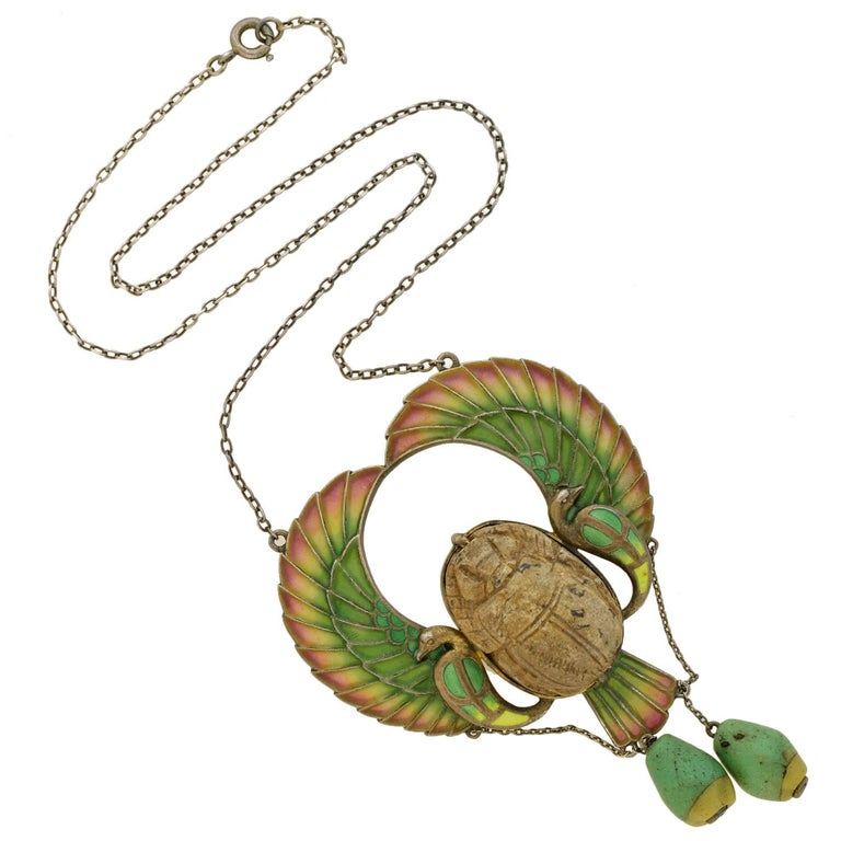 Art Nouveau Egyptian Revival Plique-à-jour Scarab Necklace at 1stDibs