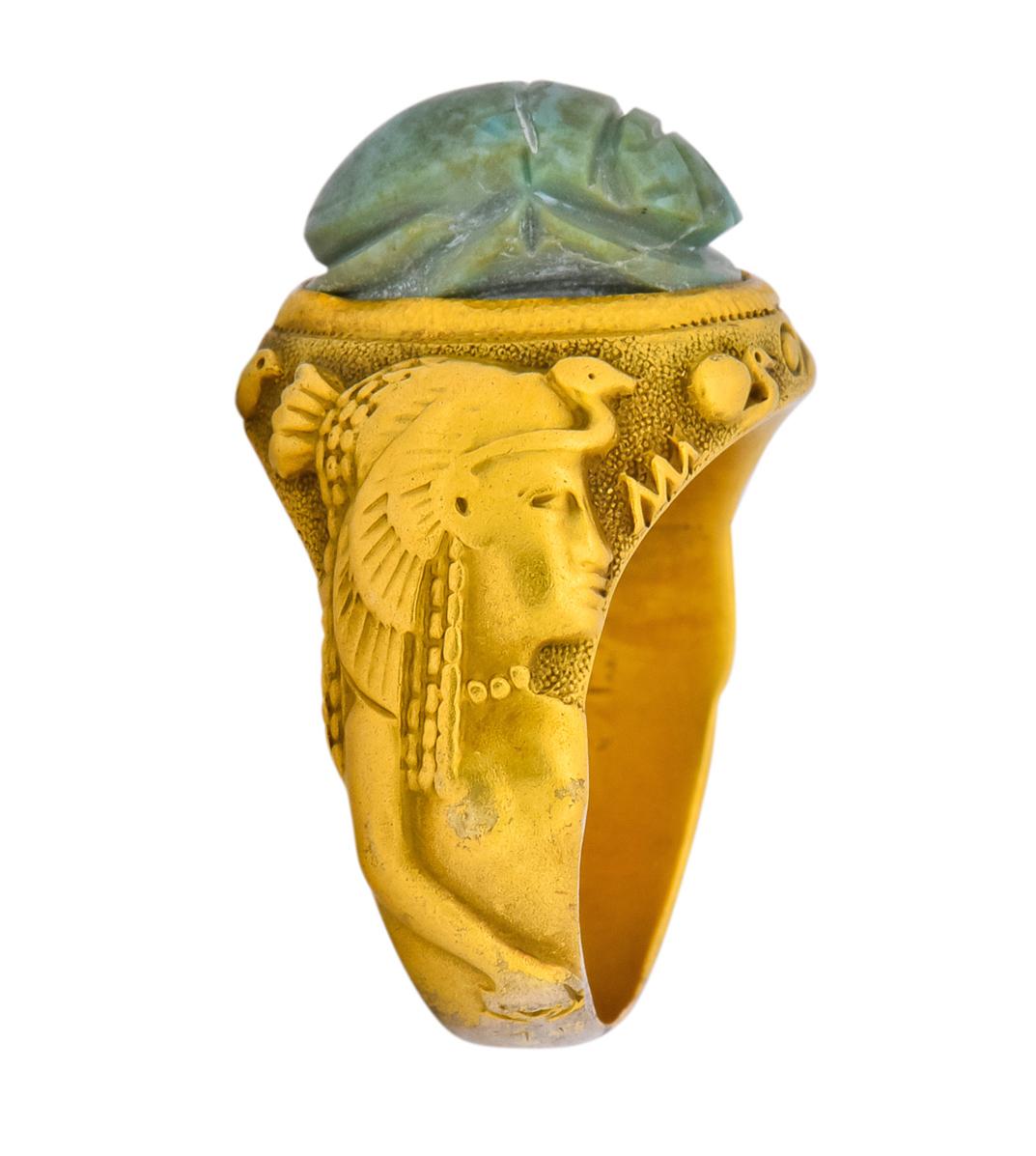 Women's or Men's Art Nouveau Egyptian Revival Turquoise 14 Karat Gold Scarab Ring, circa 1900