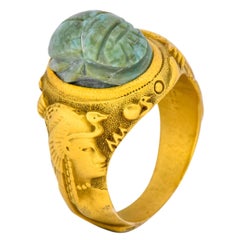 Antique Art Nouveau Egyptian Revival Turquoise 14 Karat Gold Scarab Ring, circa 1900
