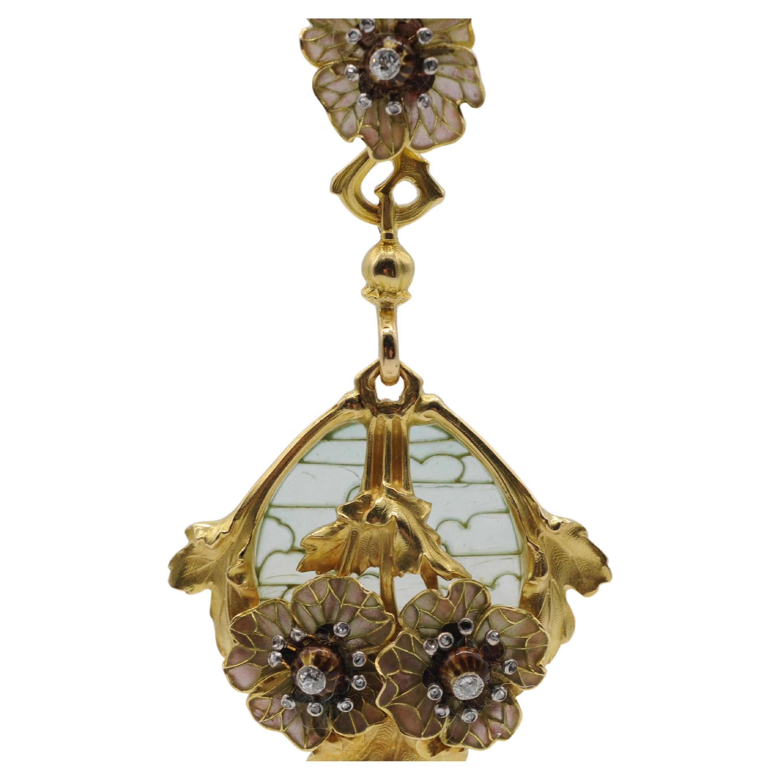 Brilliant Cut Art Nouveau elaborate artistic necklace with diamonds and gold For Sale