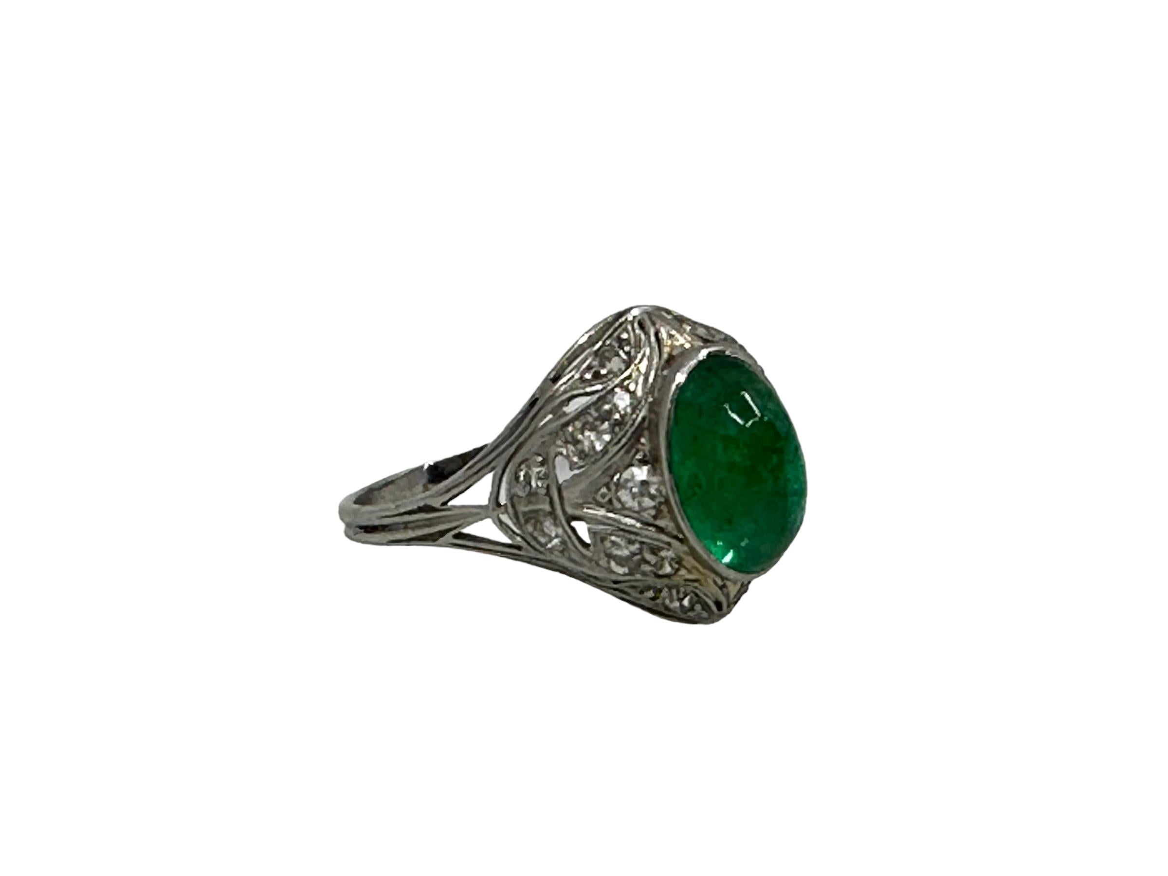 Women's or Men's Art Nouveau Emerald and Diamond Cabochon Platinum Ring For Sale