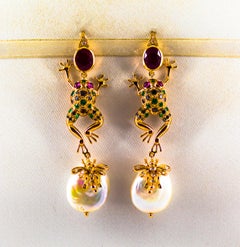 Art Nouveau Emerald Blue Sapphire Ruby Diamond Yellow Gold Pearl Drop Earrings