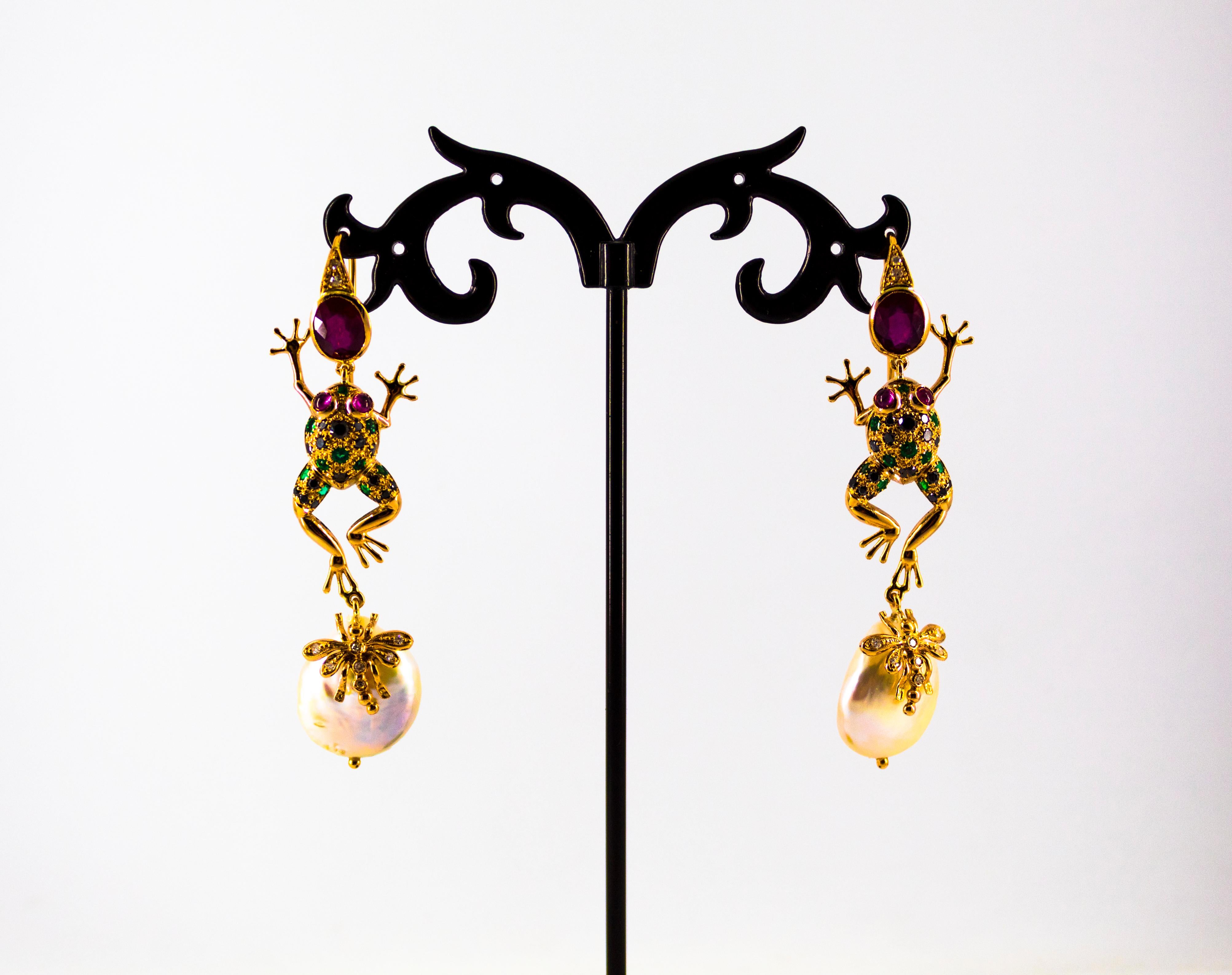Women's or Men's Art Nouveau Emerald Blue Sapphire Ruby Diamond Yellow Gold Pearl Drop Earrings