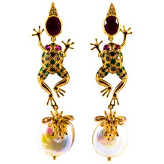 Art Nouveau Emerald Blue Sapphire Ruby Diamond Yellow Gold Pearl Drop Earrings