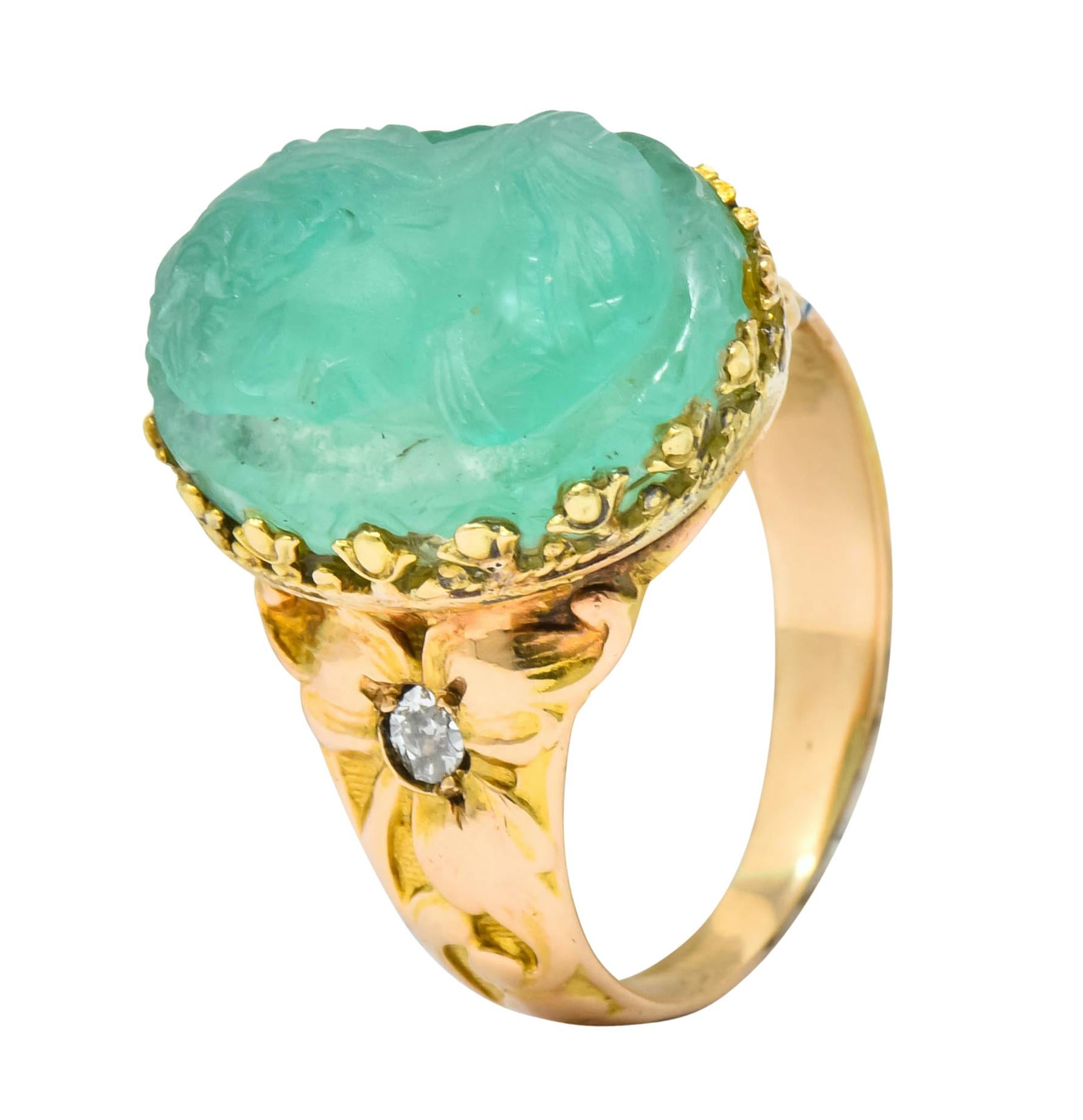 Art Nouveau Emerald Diamond 14 Karat Gold Cameo Ring 5