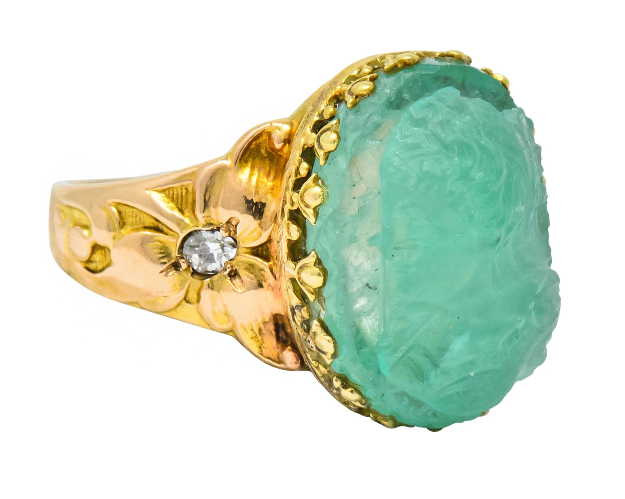 Oval Cut Art Nouveau Emerald Diamond 14 Karat Gold Cameo Ring