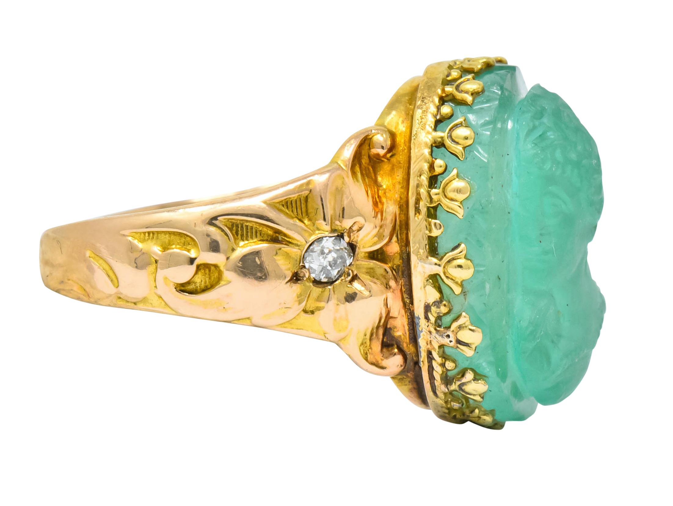 Art Nouveau Emerald Diamond 14 Karat Gold Cameo Ring In Excellent Condition In Philadelphia, PA